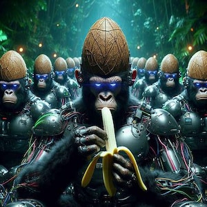 May include: A futuristic image of cyborg gorillas with glowing blue eyes and coconut-shaped helmets. One gorilla is eating a banana. The gorillas are wearing metallic armour and are surrounded by green foliage.