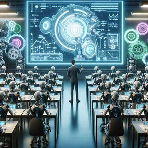 May include: A futuristic classroom scene with a man in a suit presenting to a group of robots. A large screen displays complex diagrams and data. The room is brightly lit with a modern design, and the robots are seated at desks.