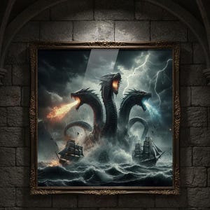 Arte de la Hidra, monstruo marino | Impresión de la serpiente de tres cabezas | Póster de mitología griega | Kraken, bestia oceánica | Arte mural de fantasía épica