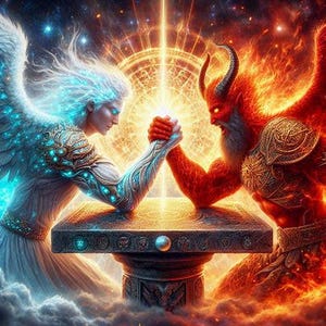 May include: Digital art depicting an arm wrestling match between an angel and a demon. The angel has white hair and blue accents, while the demon is red with horns. They are arm wrestling on a stone table, with a bright light emanating from behind them.