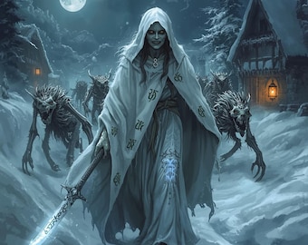 Tapeta z motywem folkloru alpejskiego Perchta | Duch Bożego Narodzenia, mroczna sztuka | Cyfrowe tło z boginią Yule i zimową wiedźmą | Gotycki telefon/komputer HD