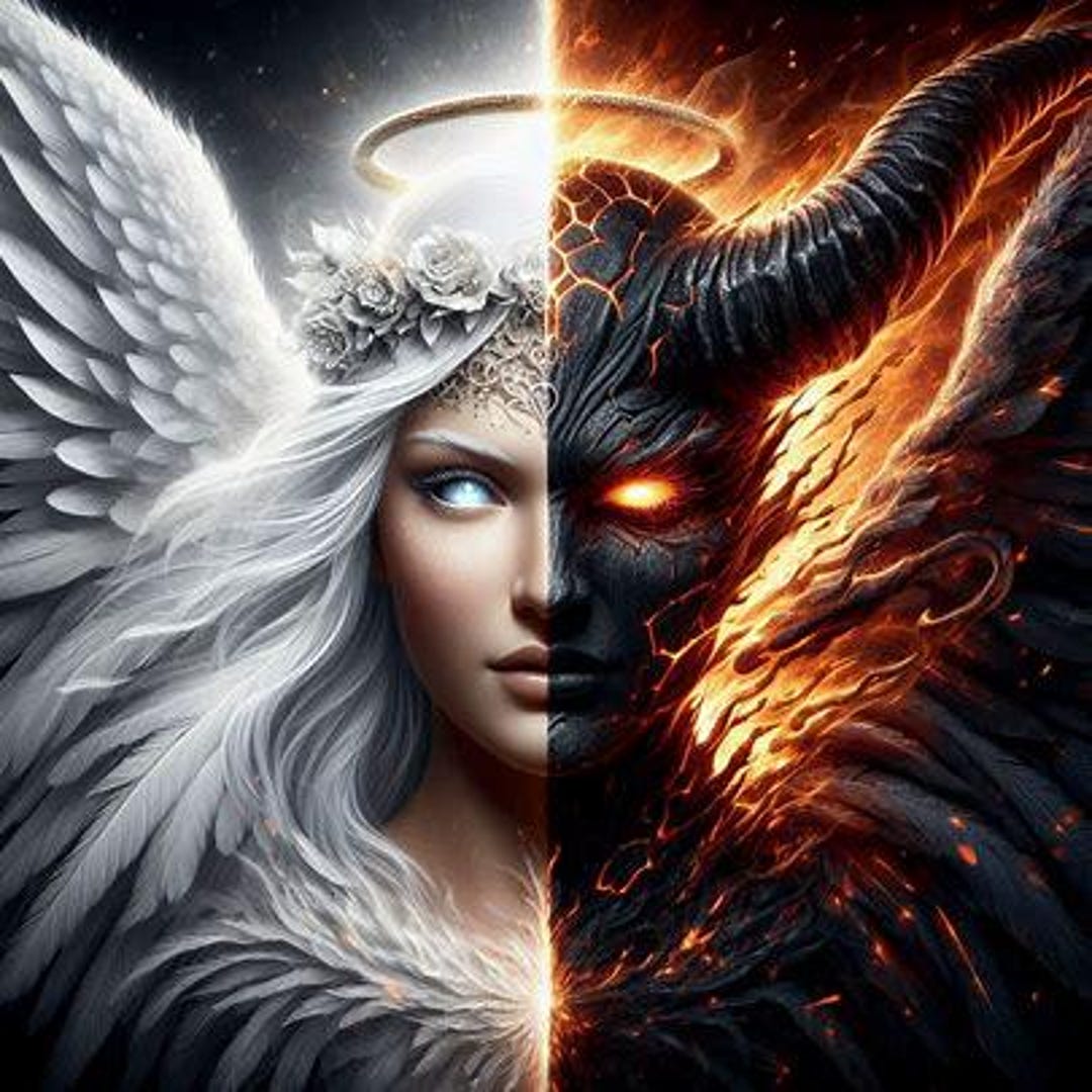 Angel Demon Split Art Print | Good Vs Evil Poster | Dark Occult Wall ...