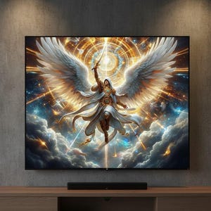 Archangel Michael Digital Art Print | Celestial Warrior Angel Poster | Heavenly Light Fantasy Wall Art | Golden Wings Divine Decor