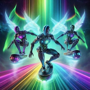 May include: Digital art featuring three futuristic figures with glowing wings and body accents, riding levitating boards. The figures are set against a backdrop of vibrant, rainbow-colored light beams, creating a dynamic and otherworldly scene.