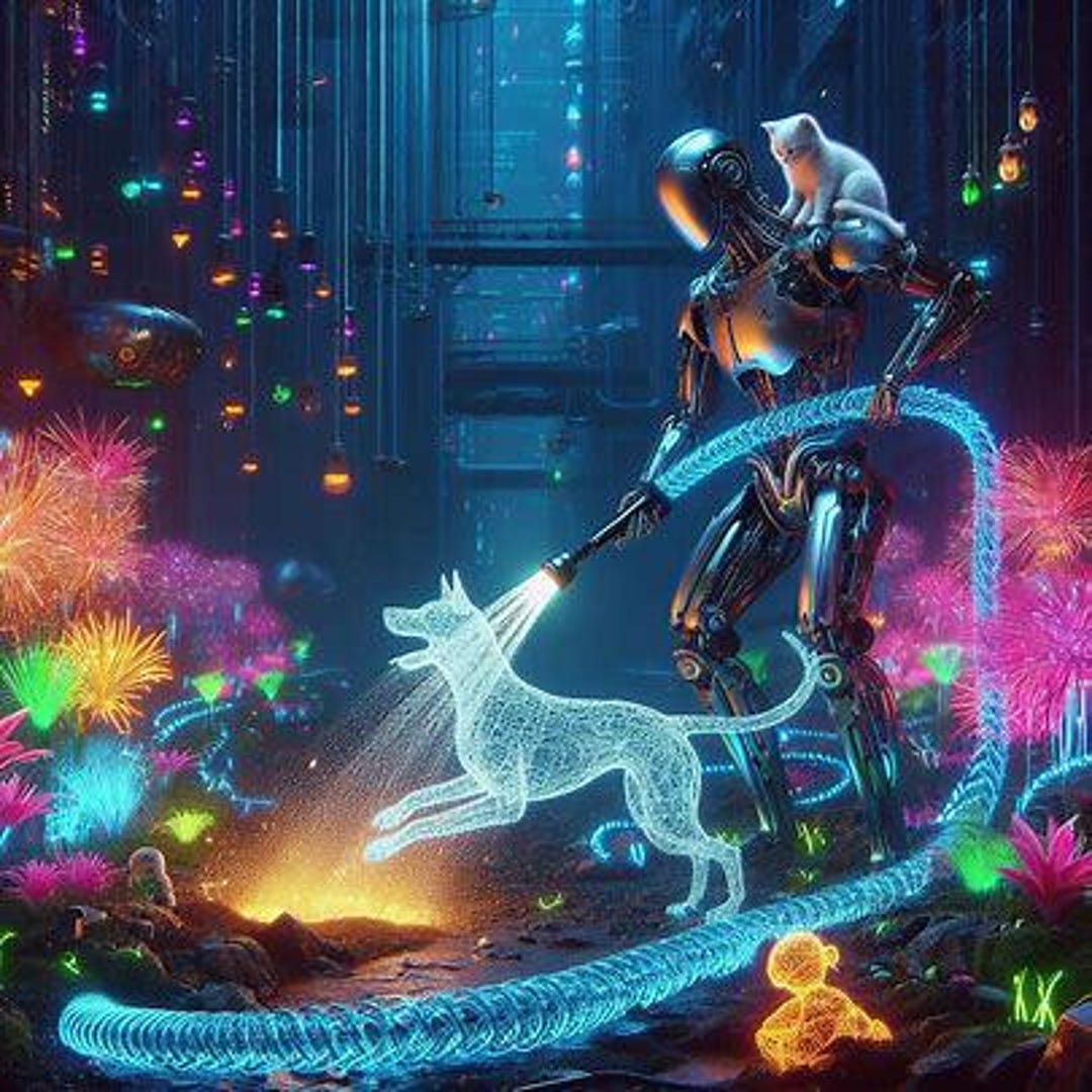 Cyberpunk Robot Digital Art Print | Futuristic Neon Garden Cat Dog ...
