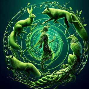 May include: A digital illustration featuring a central figure surrounded by a circle of green animals and foliage. The animals include a rabbit, foxes, and an eagle. The artwork has a mystical, fantasy theme with a dark teal background.