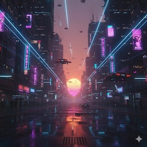 Retro Cyberpunk Sunset Print – Neon Tokyo City Wall Art, Synthwave Vaporwave Poster, Futuristic Sci-Fi Decor Digital Download