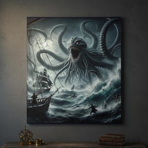 Impresión de Ataque de Kraken | Arte mural náutico de Dark Academia | Pintura de Monstruos Marinos | Decoración Gótica Oceánica | Póster de Barco Pirata Antiguo