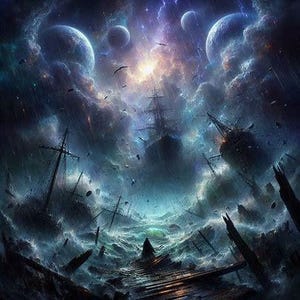 Puede incluir: Pintura digital de un mar tormentoso con naufragios bajo un cielo dramático. La obra presenta una paleta de colores oscuros con tonos de azul, gris y morado, con cuerpos celestes y relámpagos.