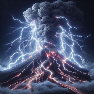 May include: A dramatic image of a volcanic eruption with a dark, ominous sky. The volcano is spewing dark gray smoke and ash, with bright red lava flowing down its sides. Intense blue lightning bolts crackle across the sky, creating a powerful and awe-inspiring scene.