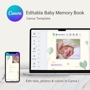 ベビーメモリーブック | 編集可能なCanvaベビージャーナル | QRコード付きデジタルベビー記念品 | 新生児の節目