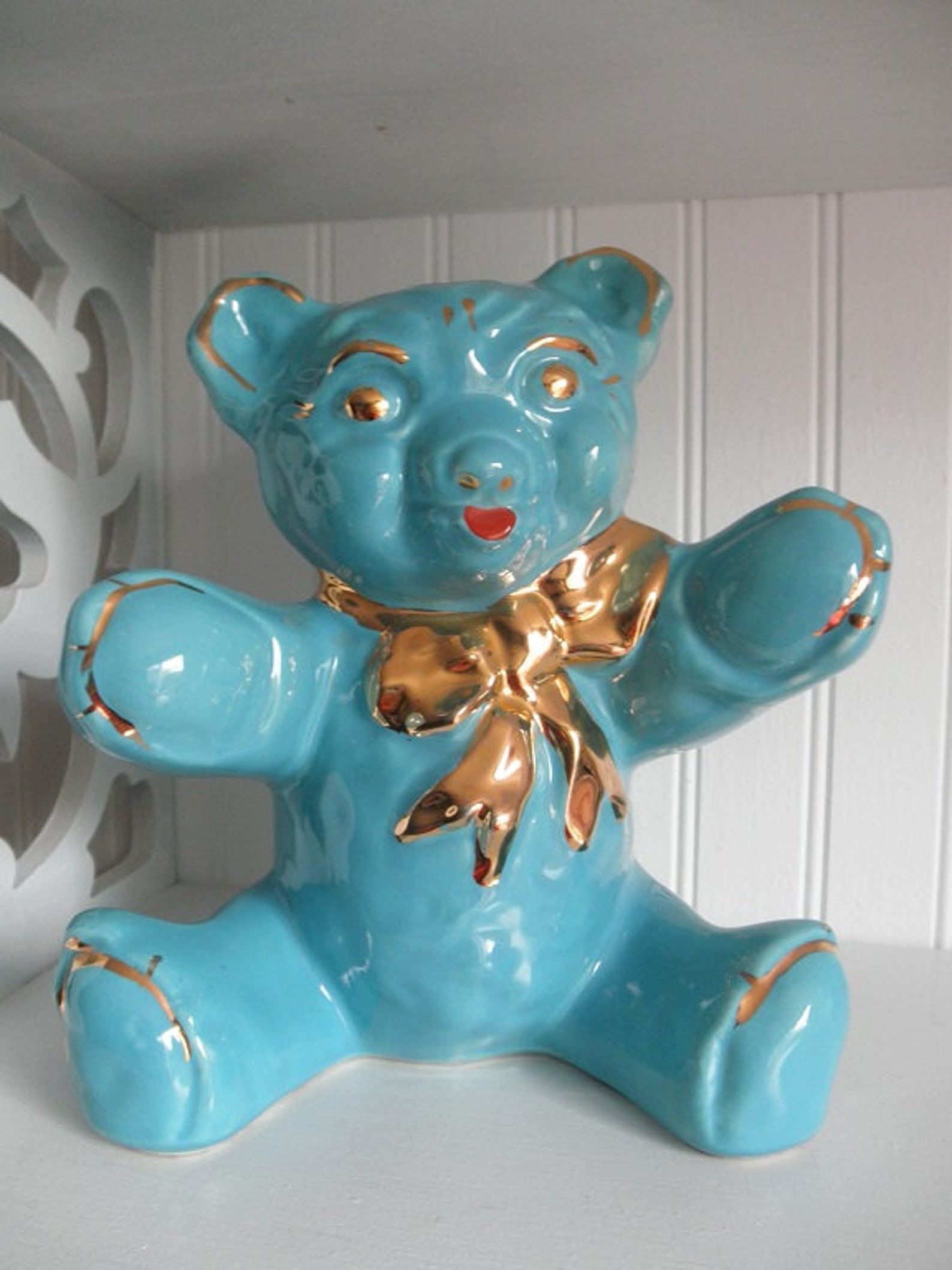 Vintage Large Blue Teddy Bear Bank Ceramic Gold Accent Childs Etsy