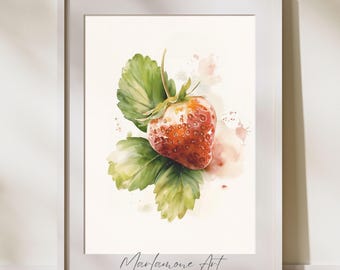 Watercolor Strawberry Illustration, Digital Download Poster for Kitchen