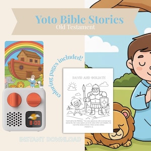 May include: A children's educational set with a white and orange Yoto player, a coloring page with the text "David and Goliath", and a card with a rainbow and Noah's Ark illustration. The set is labeled "Yoto Bible Stories Old Testament".