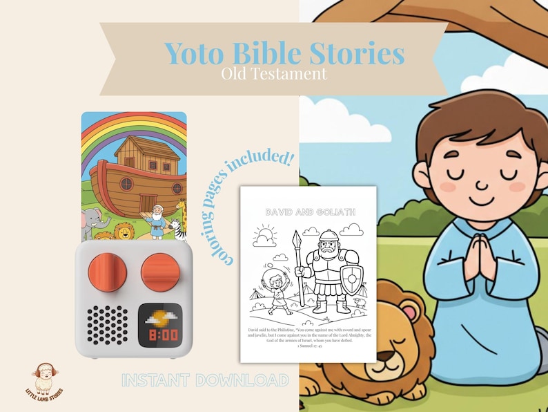 May include: A children's educational set with a white and orange Yoto player, a coloring page with the text "David and Goliath", and a card with a rainbow and Noah's Ark illustration. The set is labeled "Yoto Bible Stories Old Testament".