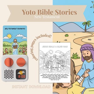 Puede incluir: Ilustración para Yoto Bible Stories, Nuevo Testamento, con un reproductor blanco y naranja. La imagen incluye una página para colorear e ilustraciones de escenas bíblicas, con el texto "Jesús cura a un ciego."