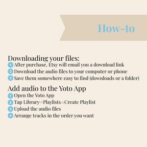 May include: A beige background with the light blue text "How-to" at the top. Below, instructions are provided on downloading files and adding audio to the Yoto App. The text is in a clean, easy-to-read font.