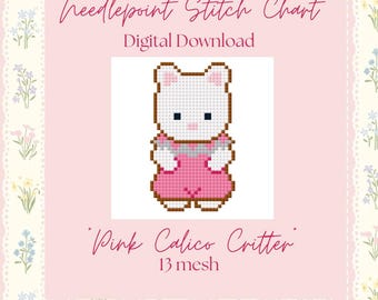 Pink Calico Critter Nadelstich Vorlage | Nadelspitze Farbtabelle Digitaler Download | NDLPT-Schaubild für 13 Maschen