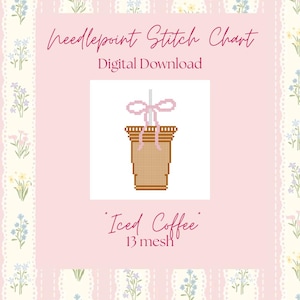 Puede incluir: Un gráfico de punto de cruz digital con un borde floral rosa. El gráfico presenta un diseño de café helado pixelado con un lazo rosa y el texto "Iced Coffee 13 mesh". También se muestran las palabras "Needlepoint Stitch Chart" y "Digital Download".