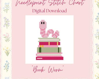 Bookworm Needlepoint Chart: Paint Your Own Canvas (Digital Download)