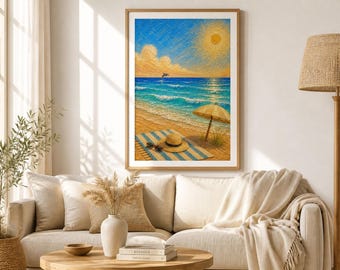 Lámina decorativa de playa para pared, decoración costera oceánica, póster veraniego junto al mar, estilo minimalista para el hogar.