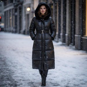 May include: A long, black puffer coat with a hood and belt, worn over black boots. The coat is knee-length and has a belt at the waist. The person is standing on a snow-covered street.