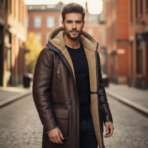 Manteau homme marron en peau de mouton retourné | Veste d'hiver à capuche faite main