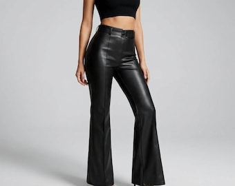 Pantalones acampanados de cuero negro de cintura alta estilo vintage para mujer / Pantalones de campana de cuero genuino