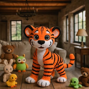 May include: A handmade orange and black striped tiger plush toy with white accents. The tiger has large, expressive eyes and is surrounded by other crocheted animal toys, including a bear, owl, bunny, chick, and octopus. The toys are displayed on a wooden surface.