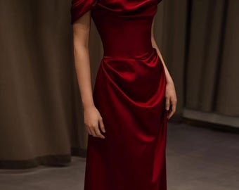 Vestido de gala rojo satinado con hombros descubiertos, hecho a mano, vestido de graduación formal