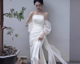 Vestido de fiesta de satén blanco de lujo / Vestido de gala blanco con hombros descubiertos / Vestido largo de satén blanco / Vestidos de noche / Vestido de fiesta de boda / Vestido formal