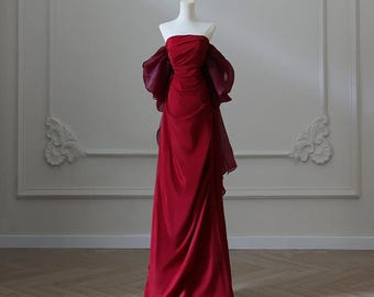 Lujoso vestido de fiesta de satén rojo / Vestido de fiesta rojo con hombros descubiertos / Vestido largo de satén rojo / Vestidos de noche / Vestido de fiesta de boda / Vestido formal