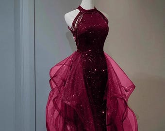 Vestido de gala / Vestido halter rojo brillante con lentejuelas / Vestido burdeos con falda de tul con volantes / Vestido de fiesta / Vestido de dama de honor / Vestidos de noche /