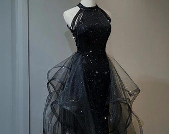 Vestido formal / Vestido halter con lentejuelas negras brillantes / Vestido con falda de tul con volantes burdeos / Vestido de fiesta / Vestido de dama de honor / Vestidos de noche /