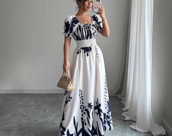 Vestido largo bohemio, vestido con mangas abullonadas, vestido largo con cintura fruncida, vestido elegante de verano, vestido cottagecore, vestido largo romántico, vacaciones en la playa