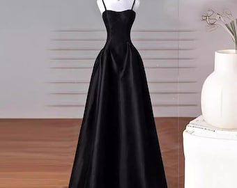 Vestido de verano de corte A / Vestido largo de satén, Vestido lencero de satén negro / Elegante vestido de noche negro con tirantes / Vestido formal / Vestido de cóctel