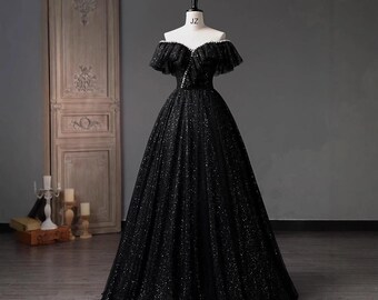 Vestido de fiesta brillante con hombros descubiertos / Vestido de baile de tul con lentejuelas negras