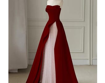 Lujoso vestido de fiesta de satén rojo / Vestido de fiesta rojo con hombros descubiertos / Vestido largo de satén rojo / Vestidos de noche / Vestido de fiesta de boda / Vestido formal