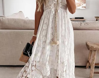 Vestido midi bohemio de encaje, vestido blanco de verano, conjunto color crema para vacaciones en la playa, vestido elegante de verano, vestido cottagecore, vestido midi romántico, vestido de verano para mujer