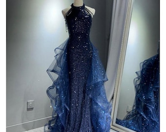 Vestido formal / Vestido halter con lentejuelas azules brillantes / Vestido con falda de tul con volantes burdeos / Vestido de fiesta / Vestido de dama de honor / Vestidos de noche /