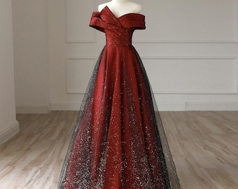 Vestido de graduación corte A / Vestido de graduación rojo de tul con hombros descubiertos y lentejuelas brillantes / Vestido de princesa rojo con lentejuelas / Vestido de gala de hadas / Vestido formal / Vestido de noche