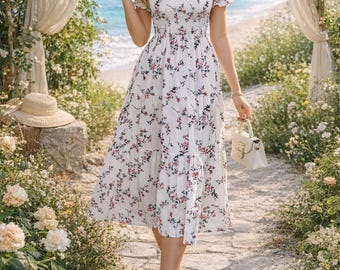 Vestido midi floral para mujer, vestido romántico sin mangas de corte A, vestido de verano de mezcla de algodón, vestido estilo cottagecore, vestido informal para vacaciones