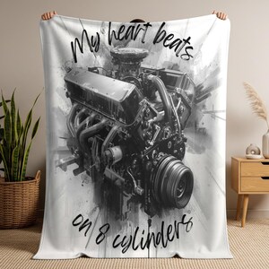 V8 Engine Illustration Velveteen Plush Blanket 60"x 80" | Car Lovers | Muscle Car Motor Art | Gift for Gearhead Men | Man Cave Bedroom Decor