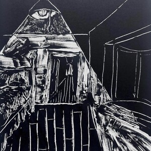 May include: A black and white linocut print featuring a stark, high-contrast architectural scene. The composition depicts a conical structure with a central doorway, textured walls, and a geometric floor pattern, rendered in bold, expressive white lines.