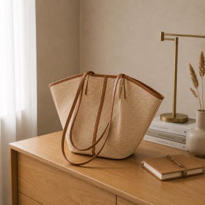 May include: A woven straw tote bag with brown leather trim and handles sits on a wooden surface. The bag has a trapezoidal shape and a spacious interior. A leather-bound notebook and pen are also on the surface.