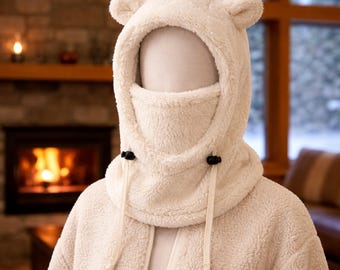 Bear Ear Winter Balaclava | Plush Windproof Hooded Hat & Mask | Warm Fleece Beanie Cap for Women and Girls | Cozy Cold Weather Outdoor Gear