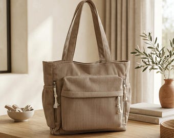 Könnte beinhalten: Eine beigefarbene Cord-Einkaufstasche mit einer großen Vordertasche mit Klappe, zwei Seitentaschen mit vertikalen Reißverschlüssen und zwei langen Schulterriemen. Die Reißverschlussanhänger sind mit weißen, geknoteten Kordelquasten versehen.