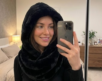 Knitted Rex Rabbit Fur Hat | Hooded Winter Scarf & Beanie Set | Natural Warm Fur Cap | Luxury Neck Scarf Bonnet | Women’s Fall Winter Wrap