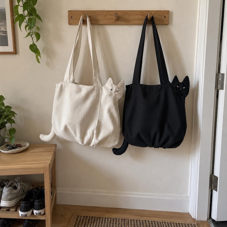 K&ouml;nnte beinhalten: Zwei Stofftaschen h&auml;ngen an einer Holzhakenleiste. Eine Tasche ist cremefarben, die andere schwarz. Jede Tasche hat einen dreidimensionalen Katzenkopf an der Seite mit Schnurrhaaren und Ohren sowie einen Katzenschwanz an der unteren Ecke.