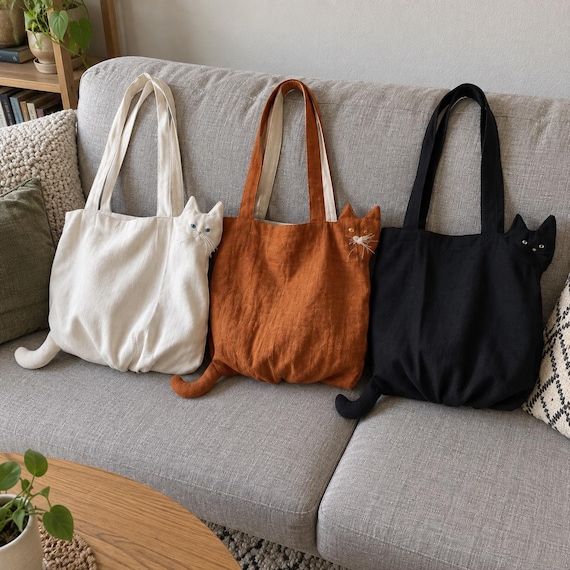 Cat Canvas Tote Bag for Women, Vintage Mori Girl Shoulder Bag, Cotton Shopping Tote, Cute Everyday Handbag, Gift for Cat Lover